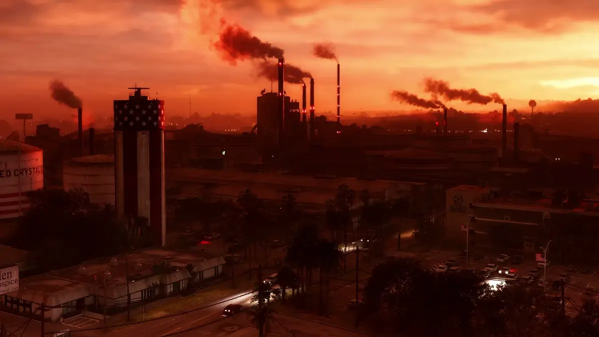 The Allied Crystal sugar refinery at sunset in Ambrosia