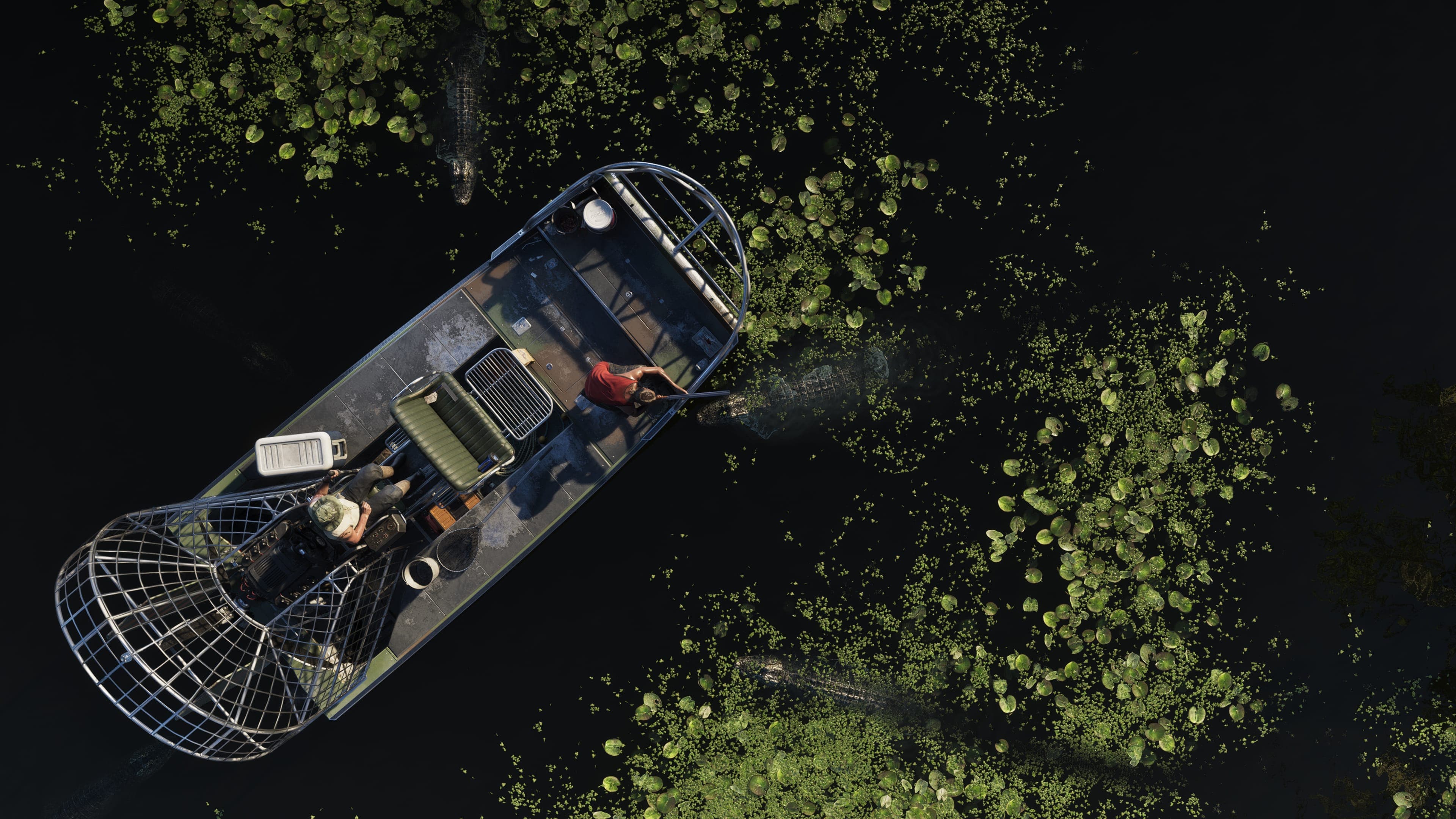 An airboat in dark wetland water surrounded by lily pads and alligators