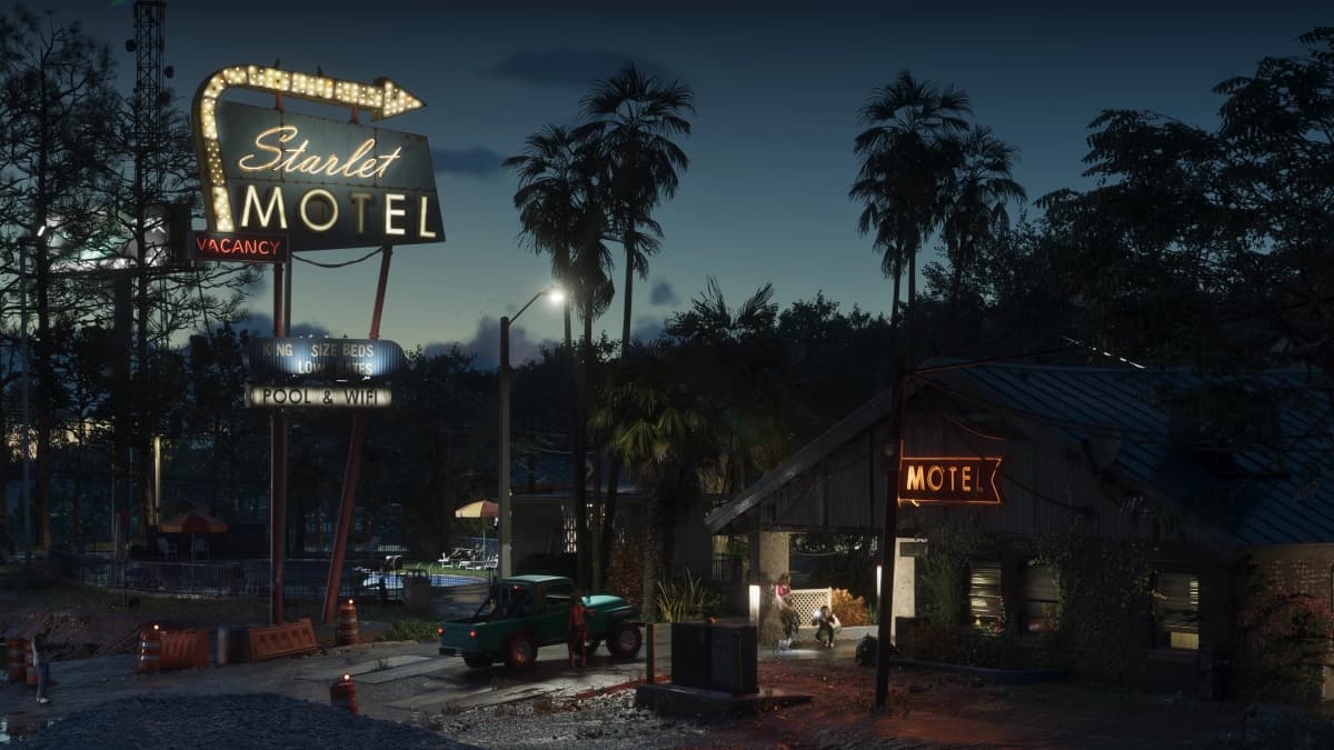 The Starlet Motel neon sign at dusk in Port Gellhorn