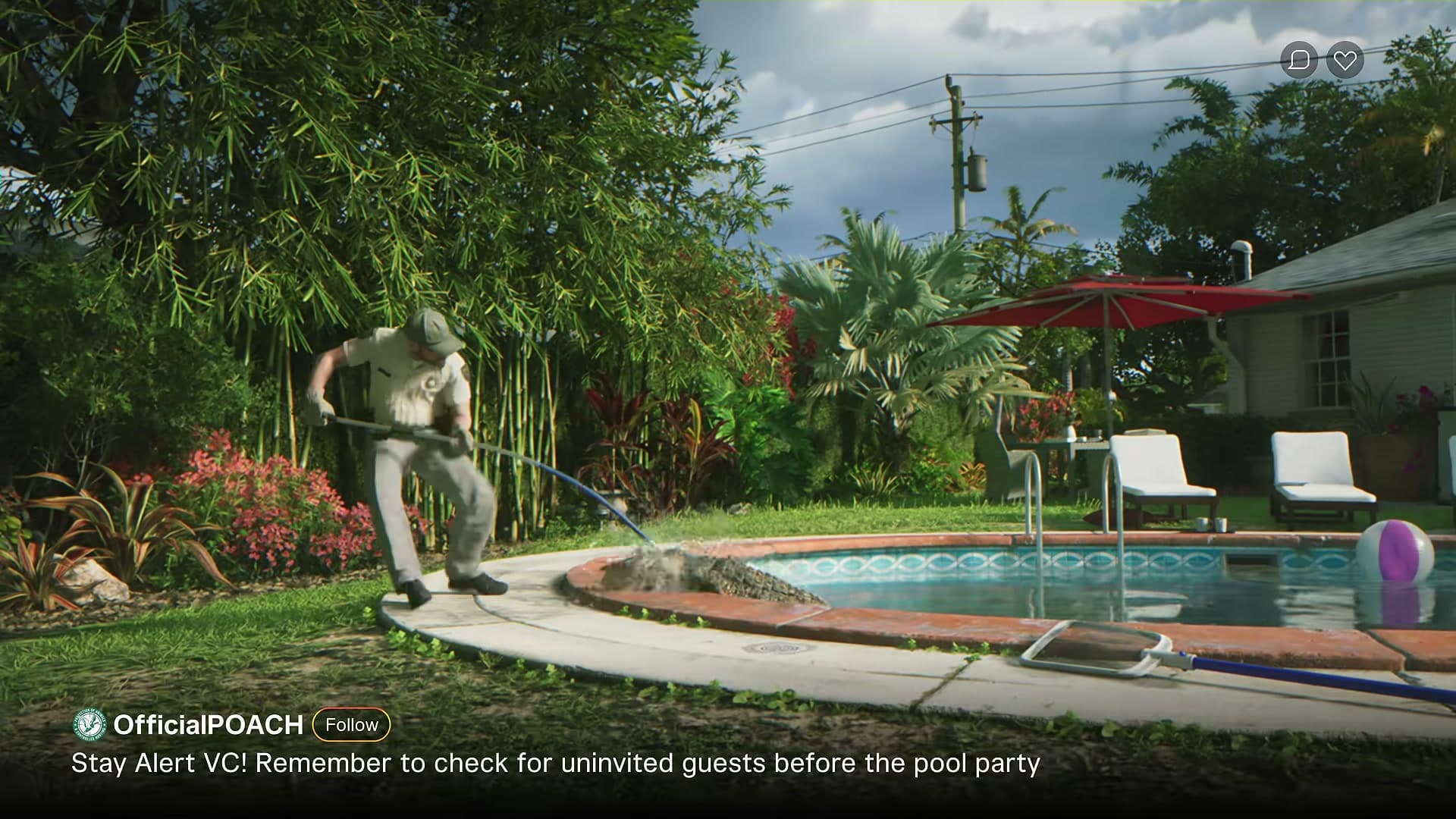 A wildlife officer guiding an alligator out of a backyard swimming pool in GTA VI Trailer 1