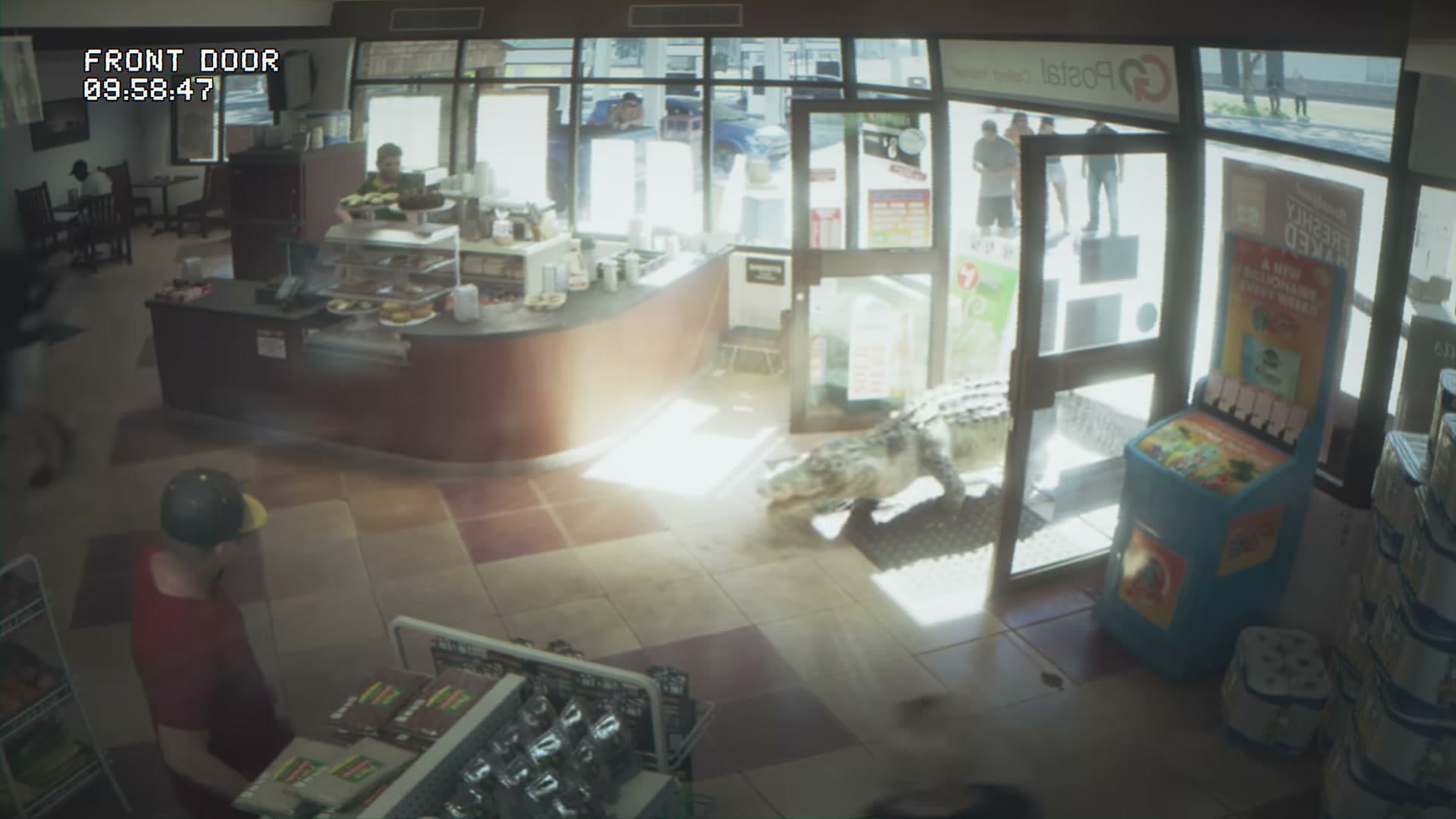 An alligator walking through the front door of a convenience store in GTA VI Trailer 1