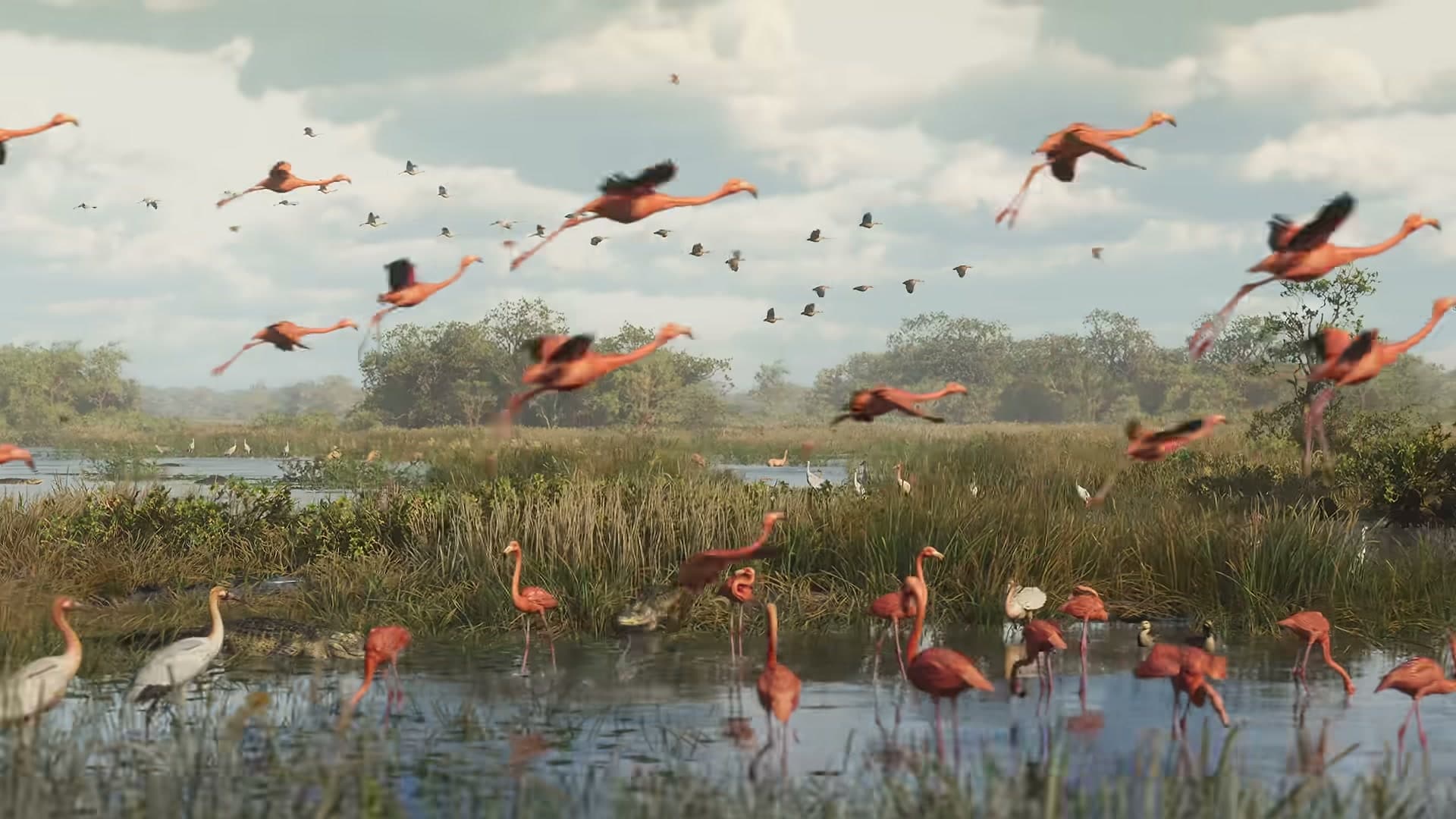 A flock of pink flamingos flying and wading in a GTA VI wetland at daytime