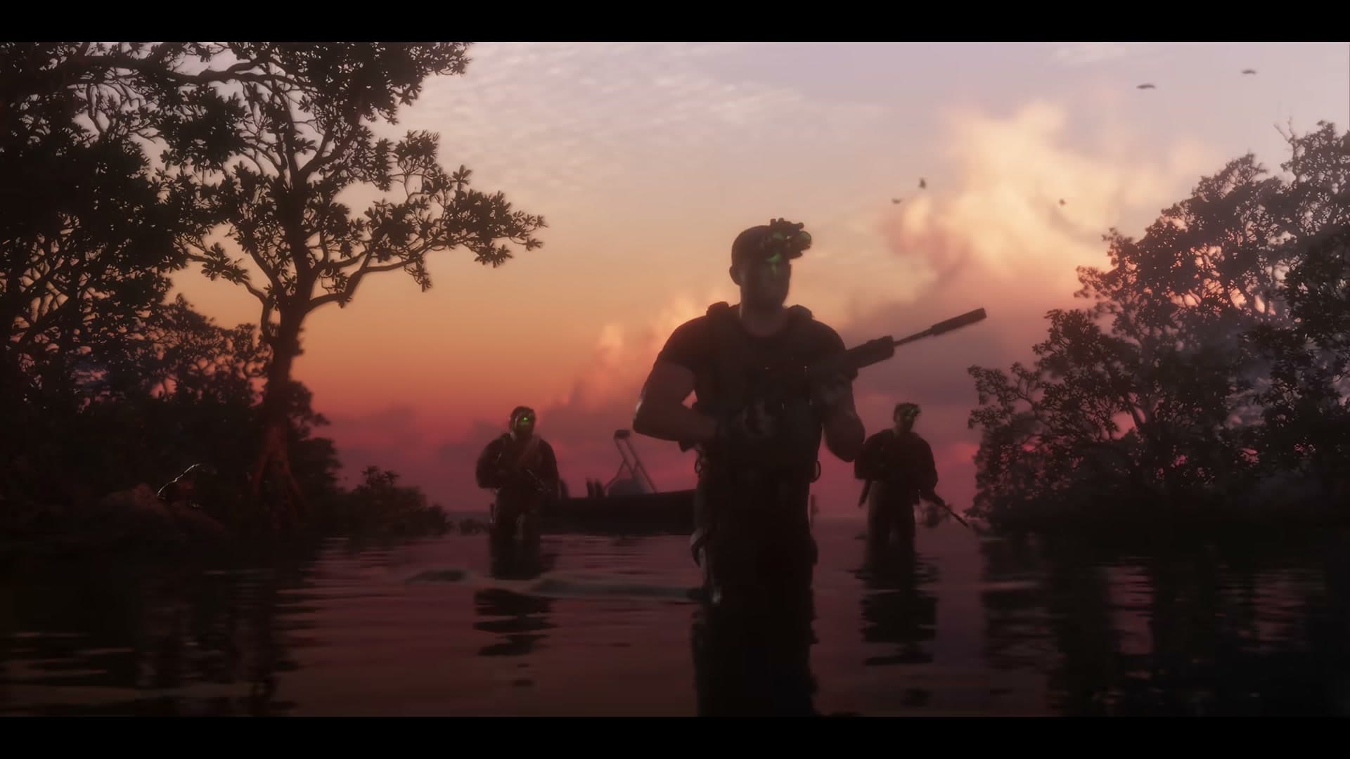 Distant birds flying over wetlands at sunset in the GTA VI Launch Trailer