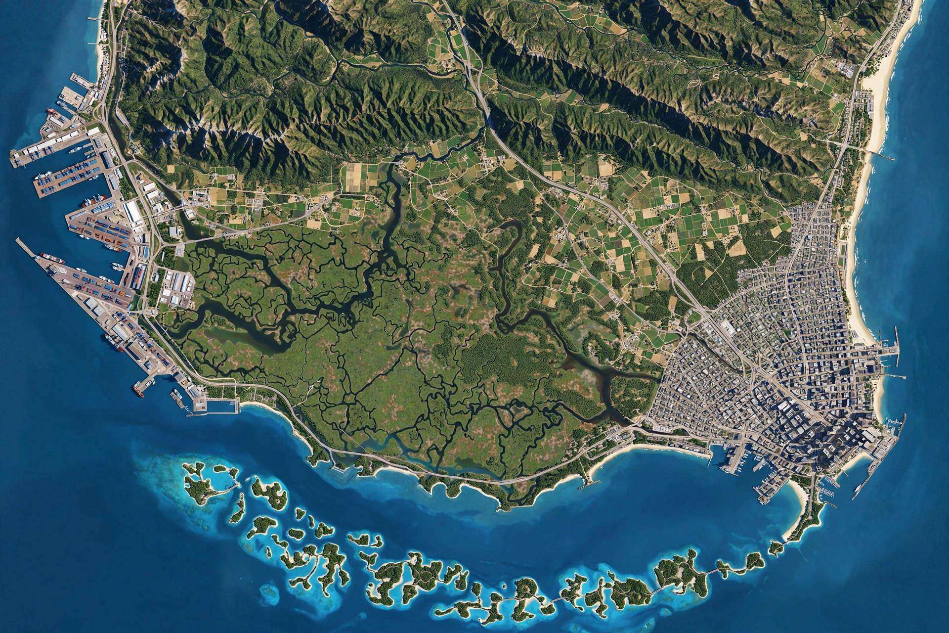 Leonida Trailer-Accurate Satellite Map - Vice City, Leonida Keys, Grassrivers, Port Gellhorn